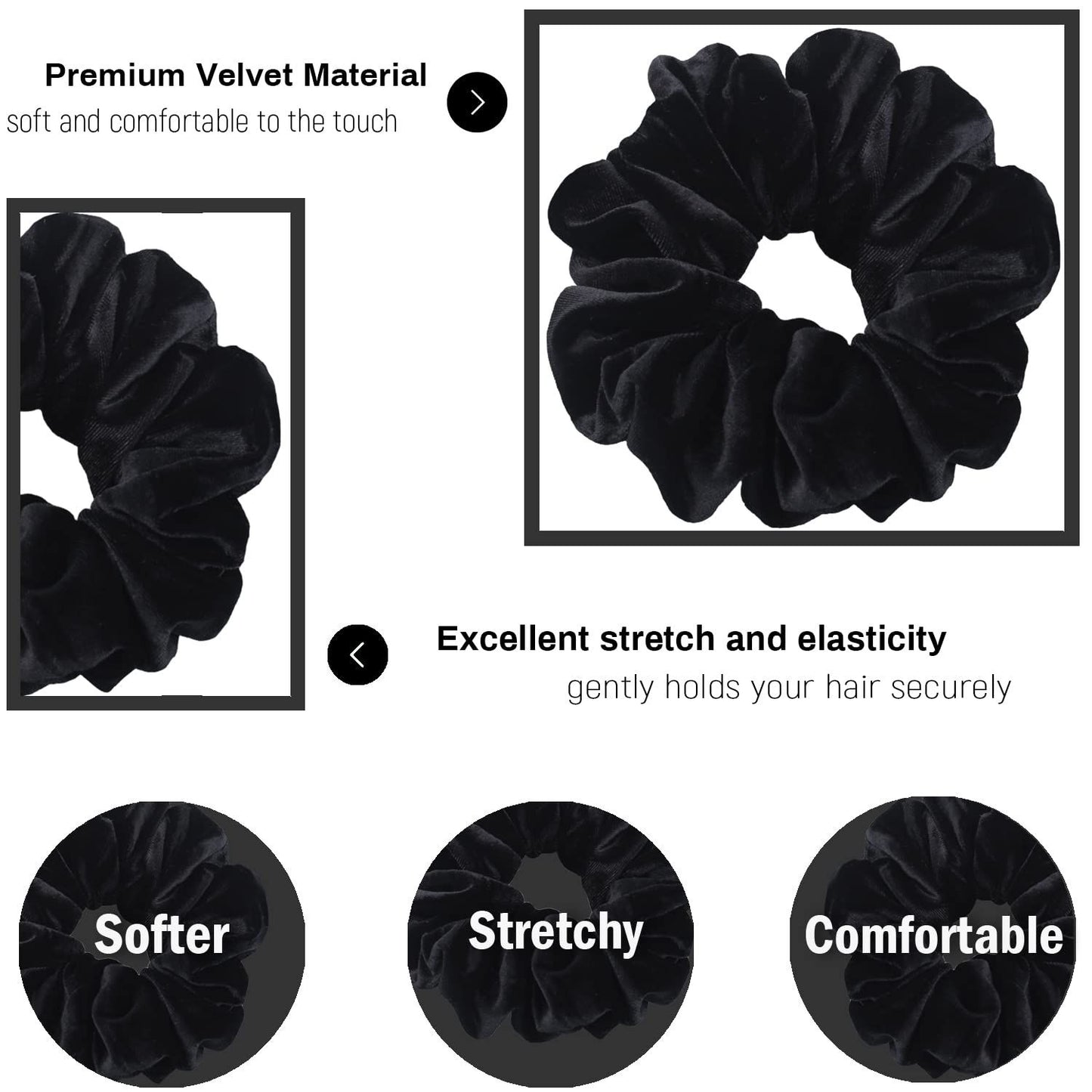 Extra Large Scrunchies or Women's Thick Hair, Premium Velvet Sot Jumbo Scrunchy, XL 6 inch Big Elastic Band Hair Accessories, 4 Pack, Black