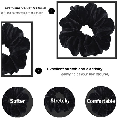 Extra Large Scrunchies or Women's Thick Hair, Premium Velvet Sot Jumbo Scrunchy, XL 6 inch Big Elastic Band Hair Accessories, 4 Pack, Black