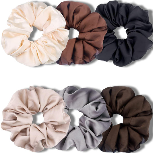 Set of large satin hair scrunchies in cream, brown, and dark gray/black.
