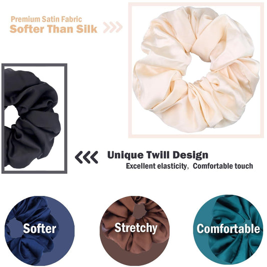 Large cream satin scrunchie with gathered ruffled texture, neutral hair accessory.