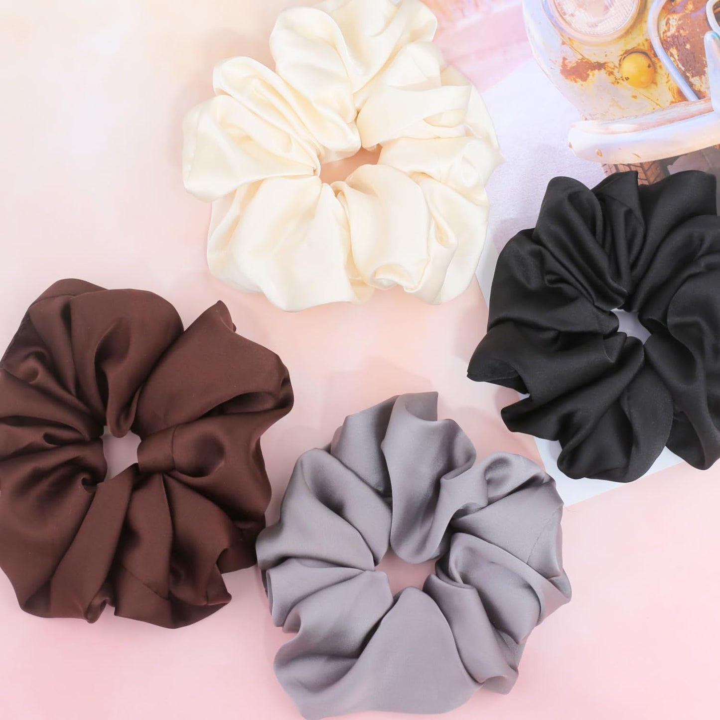 Big Scrunchies or Women Thick Hair, Premium Satin Soter than Silk, XL 6 Inch Extra Large Scrunchy Elastic Hair Bands Accessories, 6 Pack, Neutral