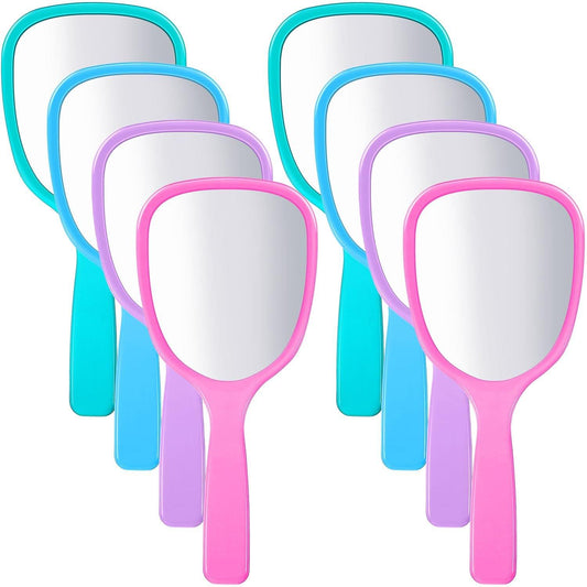 Handheld makeup mirror set with teardrop frames in blue, purple, teal, and pink