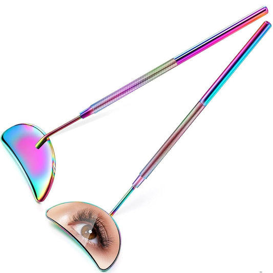Set of two half-moon eyelash mirrors with rainbow metallic handles