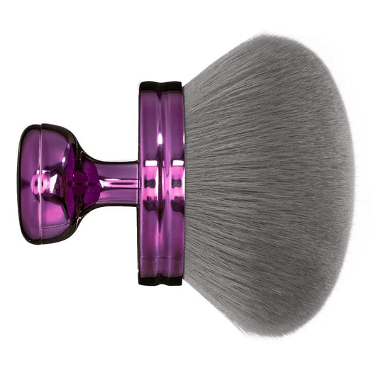 Round kabuki body makeup brush with gray bristles and purple metallic handle