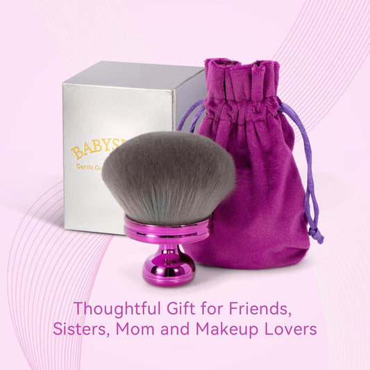 Body makeup brush with gray bristles and purple drawstring storage bag