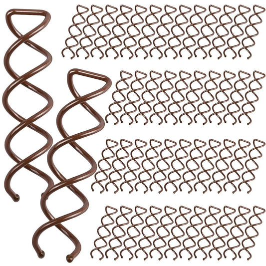 Brown spiral bobby pin set with multiple S-shaped spin pins and round clips
