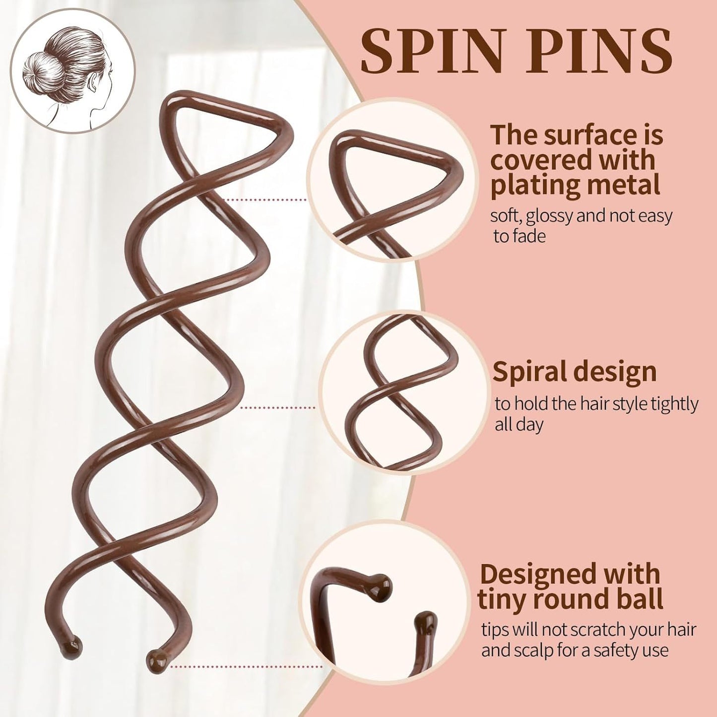 50PC Spiral Hair Pins Set, Spin Pins Spiral Bobby Pins or Girls, Women and Kids, Non-Scratch Round Clip & Bun Twist, Stylish Bun Bobby Pins, Premium Spin Pins or Hair, Brown