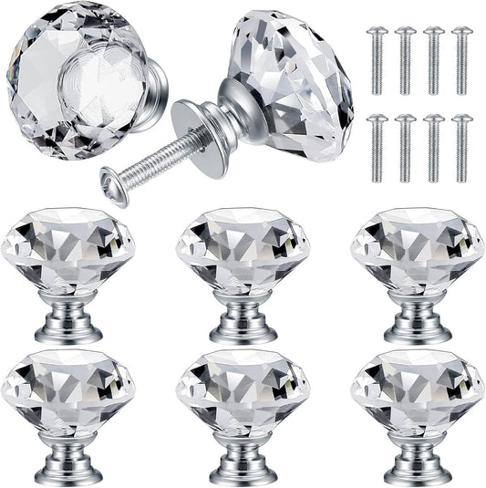 Faceted crystal cabinet knobs set with silver bases and diamond grips, includes screws