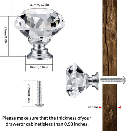 8 Pcs Crystal Cabinet Knobs, Decorative Diamond Shape Crystal Glass Dresser Knobs or Dresser Drawers Cupboard Wardrobe urniture Cabinet Pulls Handles Kitchen Bathroom Bedroom Knob(Silver, 30mm)