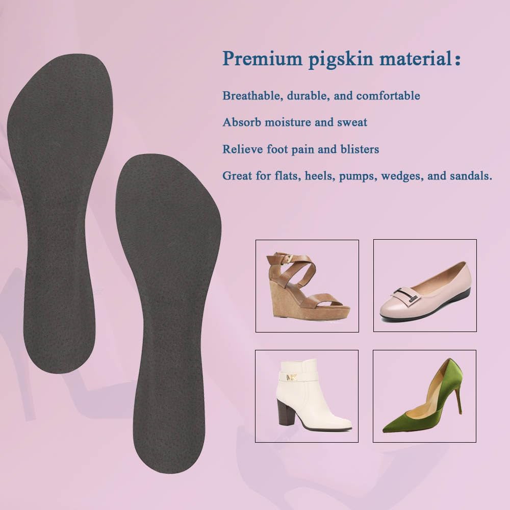 2 Pairs Pigskin High Heel Cushion Inserts, Anti-Slip Shoe Inserts for Dress Shoes Pain Relief, Adhesive Arch Support Sandal Insoles, Leather Cushioning Heel Insoles, Women M 7.5-9