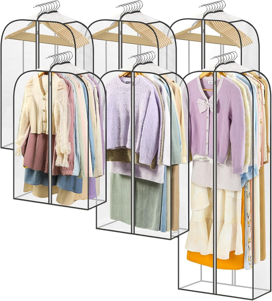 Clear hanging garment storage bags with double-sided zippers on metal frames