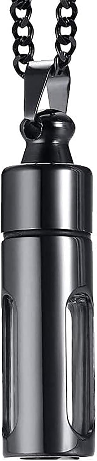 Stainless steel cremation urn tube pendant on ball-chain necklace, open base