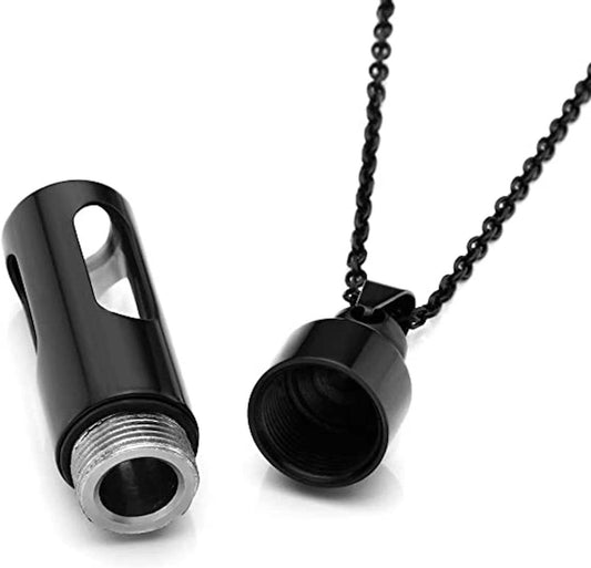 Stainless steel urn tube pendant with dark cap and hanging chain loops