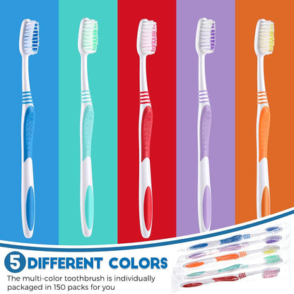 150 Pieces Individually Wrapped Toothbrushes Manual Disposable Travel Toothbrush Medium Sot Bristle Tooth Brush Travel Toothbrush Bulk Toothbrushes or Hotel, Guest, Adults, Kids, Multi Color