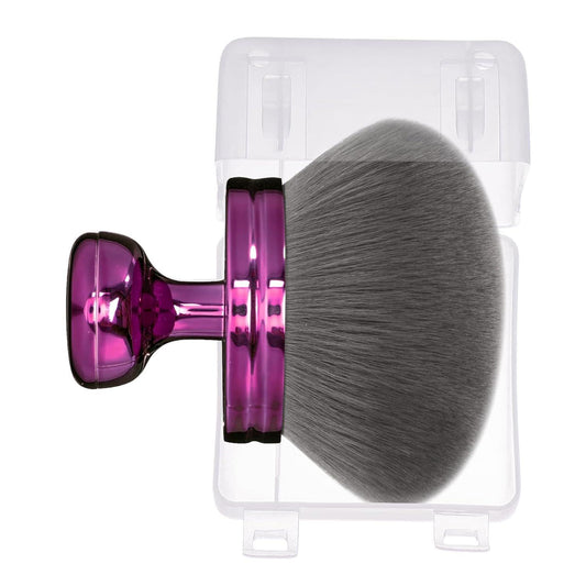 Round body makeup brush with gray bristles and purple ferrule, in clear protective case