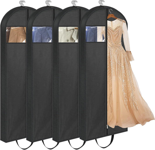 Black 65in garment storage bags with hanging hooks and clear front window, 4-pack