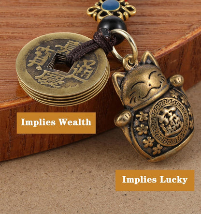 Lucky Cat Keychain, with Five Emperors Money Feng Shui Coins, Maneki Neko Good Luck Charms Lucky Tassel, Chinese Style Good Luck Charms