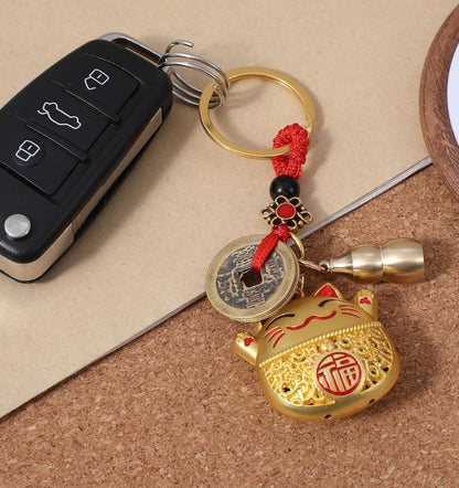 Lucky Cat Keychain, Good Luck Keychain with Feng Shui Coins, Tassel ＆ Gourd, Maneki Statue Charm for Good Luck, Gift for Cat Lovers