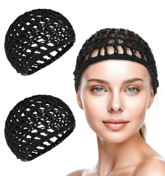 Black crochet hair net cap with elastic open lattice mesh