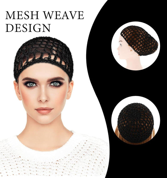 Black crochet hair net cap with open mesh weave and elastic band