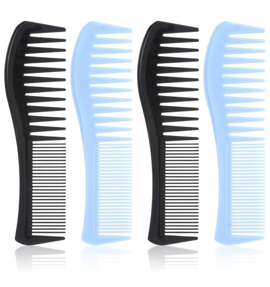Set of plastic hair combs, black and light blue, wide and fine double-tooth