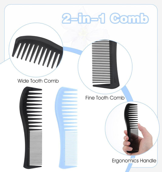 2-in-1 plastic combs with wide-tooth and fine-tooth sections, black and light blue