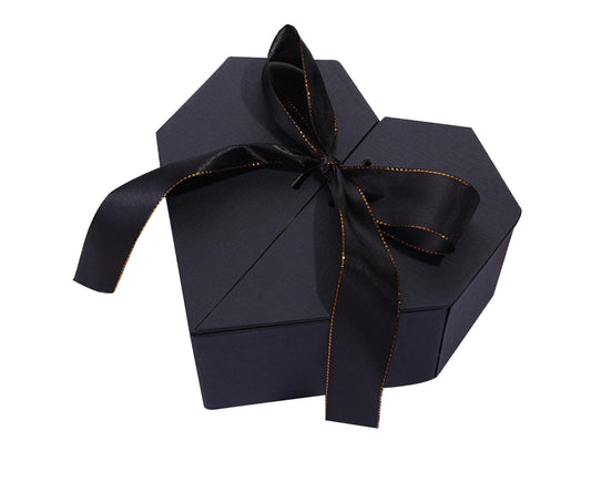 Black gift box with lid and large ribbon bow, fold-over handle