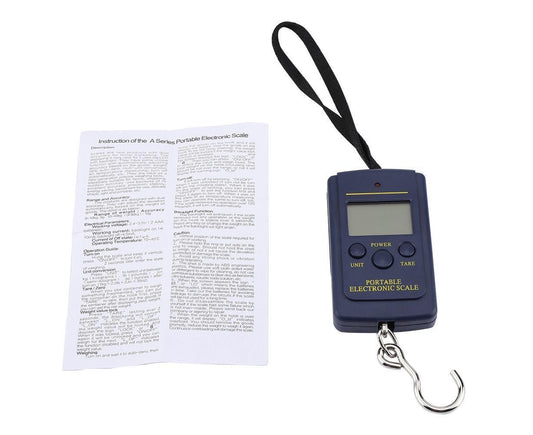Digital luggage scale with display, hanging hook, and black lanyard strap