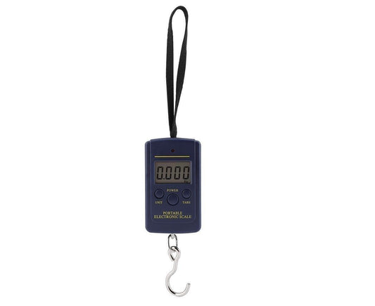 Digital luggage scale with zeroed LCD display and hanging hook, dark blue body