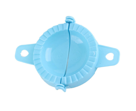 Blue dumpling maker mould with hinged divider and scalloped dough-form edges