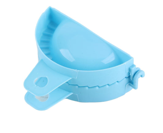 Blue dumpling mould tray with side handle and slotted divider for pressing