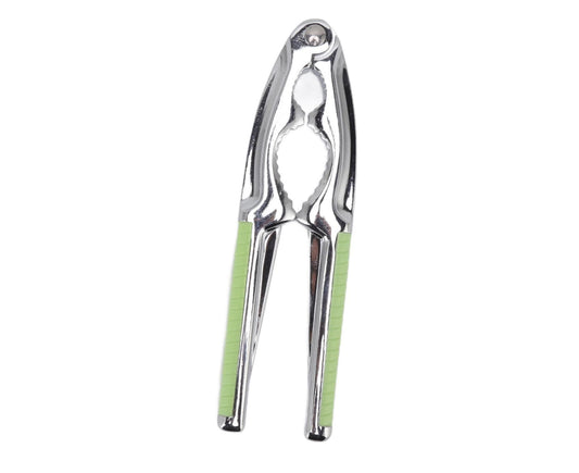 Stainless steel nut cracker tool with green handles and pivoting jaws
