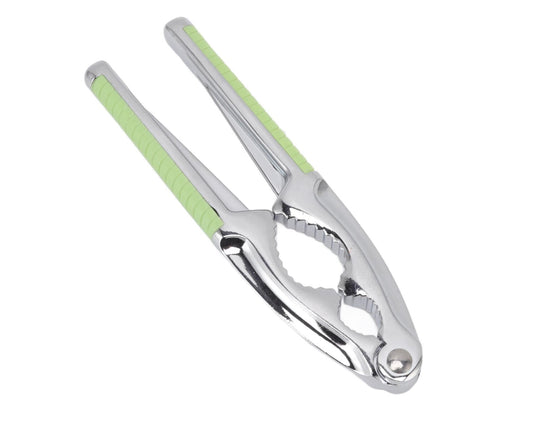 Handheld nut cracker pliers with green grips and oval shell-cracking jaws