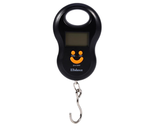 Black digital hanging luggage scale with LCD display and metal S hook