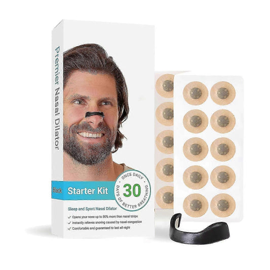 Nasal strip starter kit with adhesive breathing pads and black applicator tool