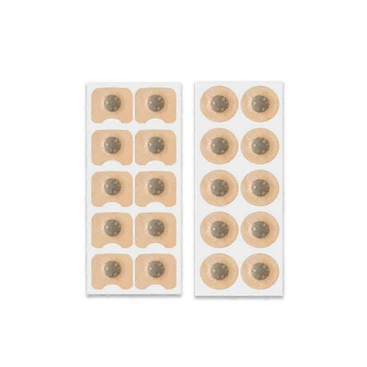 Nasal breathing strip patch sheets with round adhesive discs, metal contact points