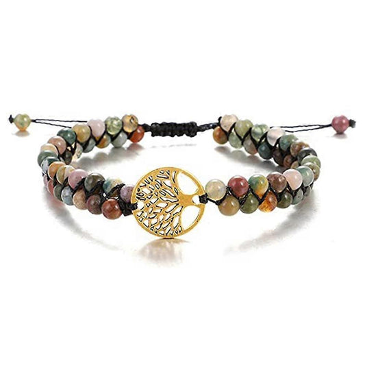 Tree of Life charm beaded bracelet with multicolor stones and braided adjustable cord