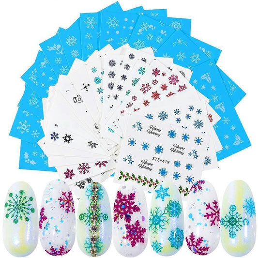Christmas nail water decals set with blue and white snowflake designs on sheets
