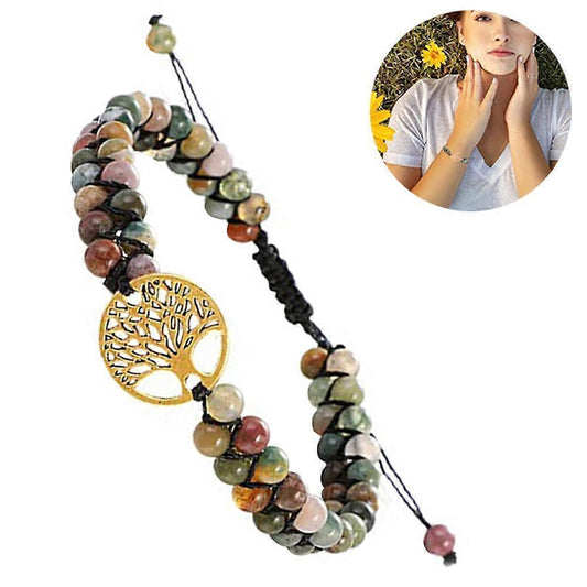 Beaded braided bracelet with Tree of Life gold charm and multicolor gemstone beads, adjustable