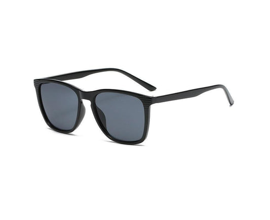 Square sunglasses with dark lenses and black frames, straight temples