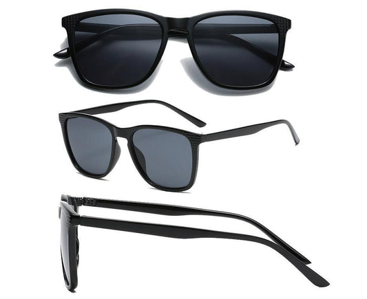 Square sunglasses with black frames and dark lenses, front and side views