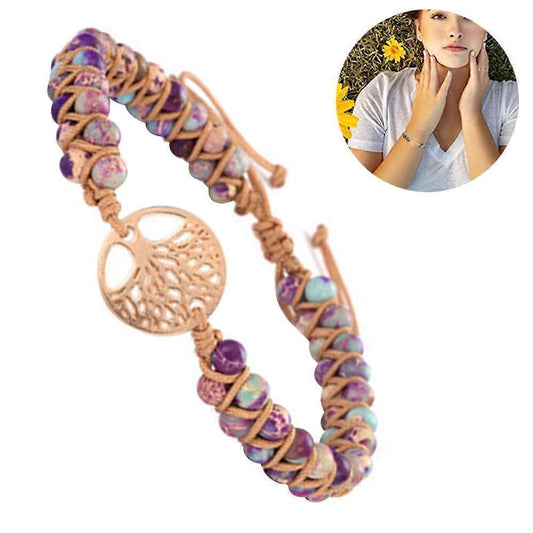 Tree of life braided bead bracelet with round pendant, purple and tan beads