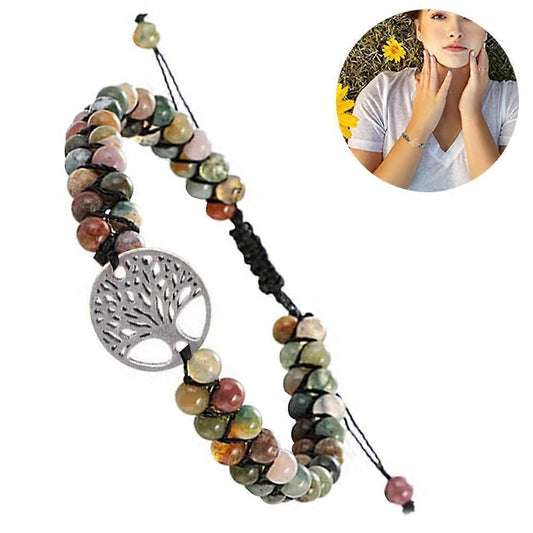 Tree of life beaded bracelet with multicolor gemstone beads and braided cord ties