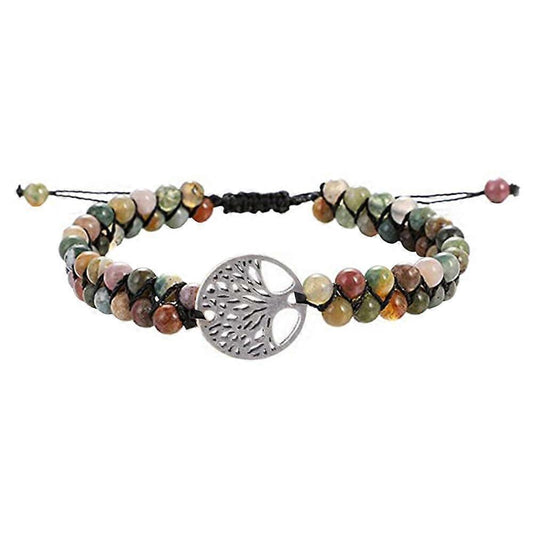 Tree of life charm beaded bracelet with multicolor stones and adjustable cord ends