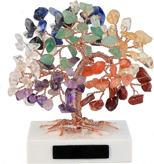 Chakra crystal tree ornament with copper wire and mixed gemstones on white base