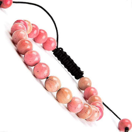 Pink gemstone bead macrame bracelet with black adjustable cord and sliding knot