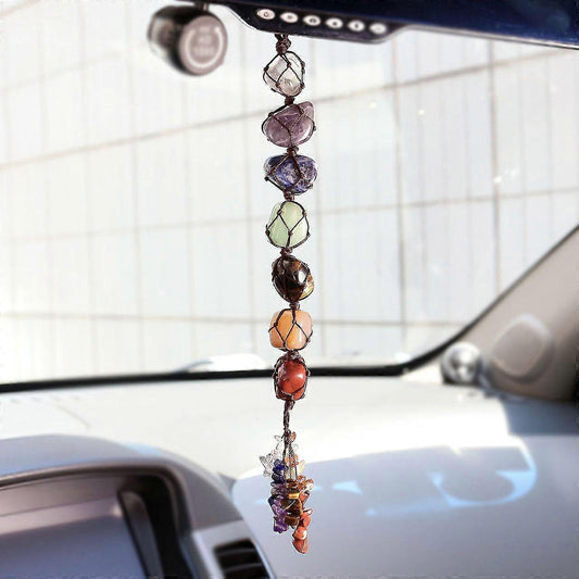 Gemstone hanging ornament dangling from car mirror, multicolor beads