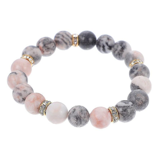 Beaded crystal stone bracelet with rose and gray round beads, gold accents and charms