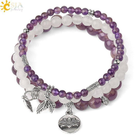 Amethyst and white beaded bracelets set with lotus and heart charms, silver tone