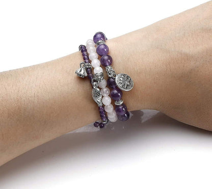 3pcs Amethyst Rose Quartz Crystal Beaded Chakra Bracelet Natural Healing Energy Lotus Charm Beads Stone Reiki Stackable Stretch Bracelets Set